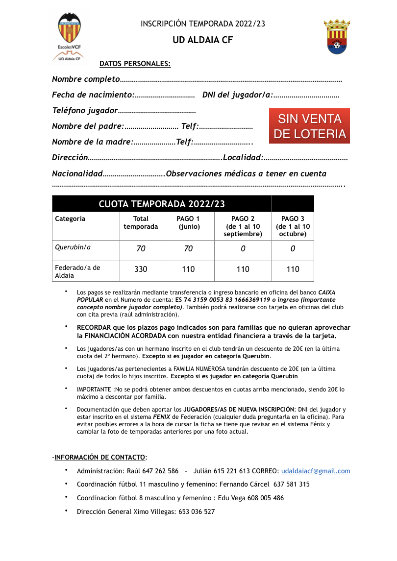 Hoja inscripción temporada 2022/2023