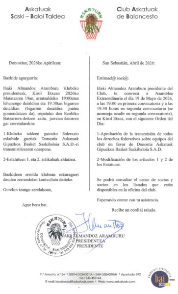 Convocatoria Asamblea Extraordinaria el día 19 de mayo en Kirol Etxea