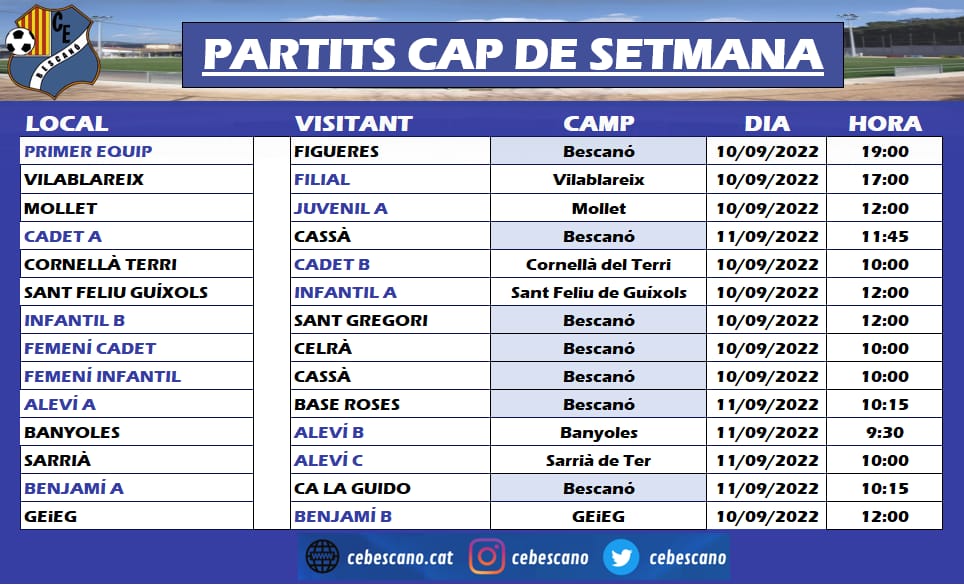 ⚽️⚽️ PARTITS CAP DE SETMANA 10 I 11 DE SETEMBRE!!
