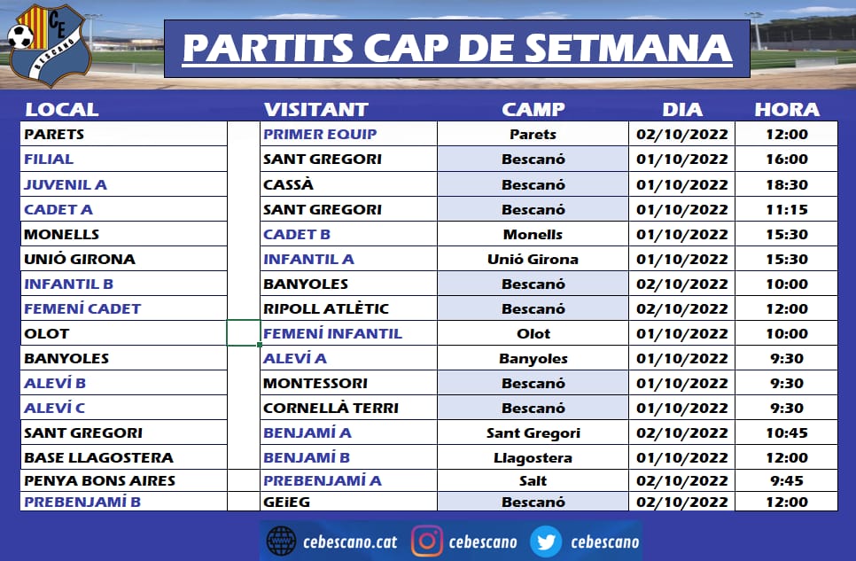⚽️⚽️ PARTITS CAP DE SETMANA 1 I 2 D'OCTUBRE!!