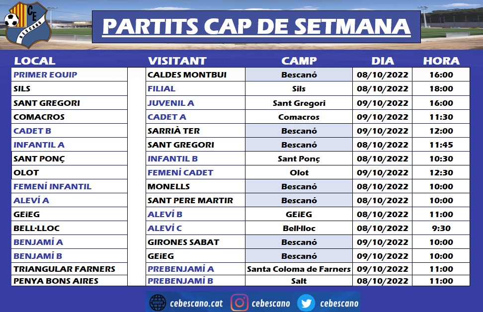 ⚽️⚽️ PARTITS CAP DE SETMANA 8 I 9 D'OCTUBRE!!