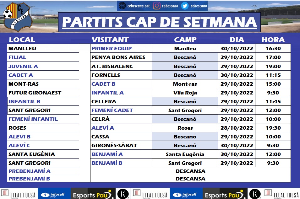 ⚽️⚽️ PARTITS CAP DE SETMANA 29 I 30 D'OCTUBRE!!