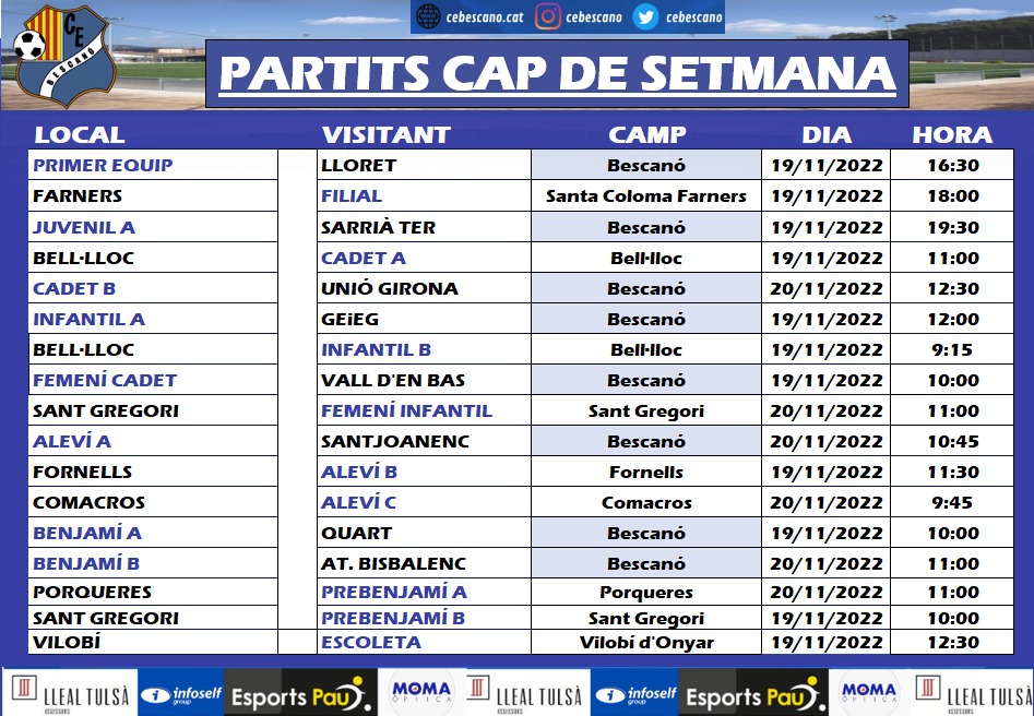 ⚽️⚽️ PARTITS CAP DE SETMANA 19 I 20 DE NOVEMBRE!!