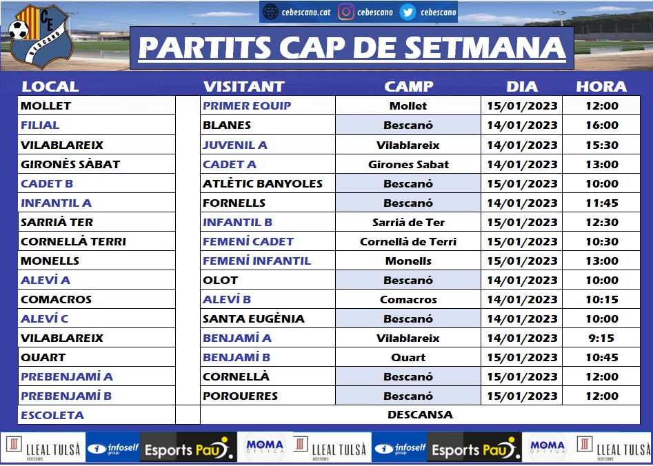 ⚽️⚽️ PARTITS CAP DE SETMANA 14 I 15 DE GENER!!