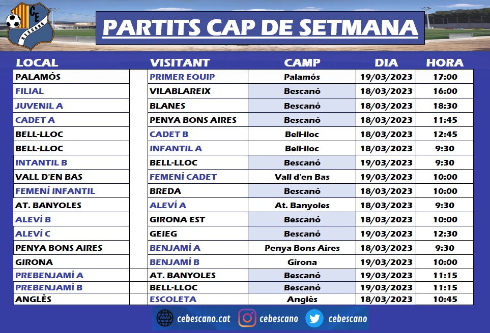⚽️⚽️ PARTITS CAP DE SETMANA 18 I 19 DE MARÇ!!