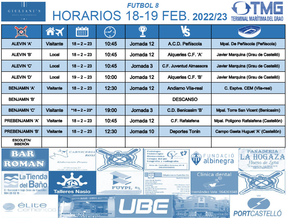 Horarios CF San Pedro. El Grau de Castelló