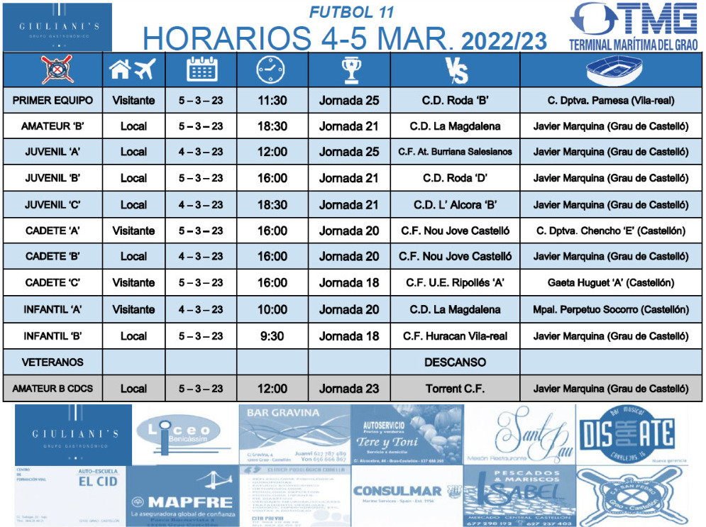 HORARIOS. Sábado 4 y Domingo 5 de Marzo de 2023