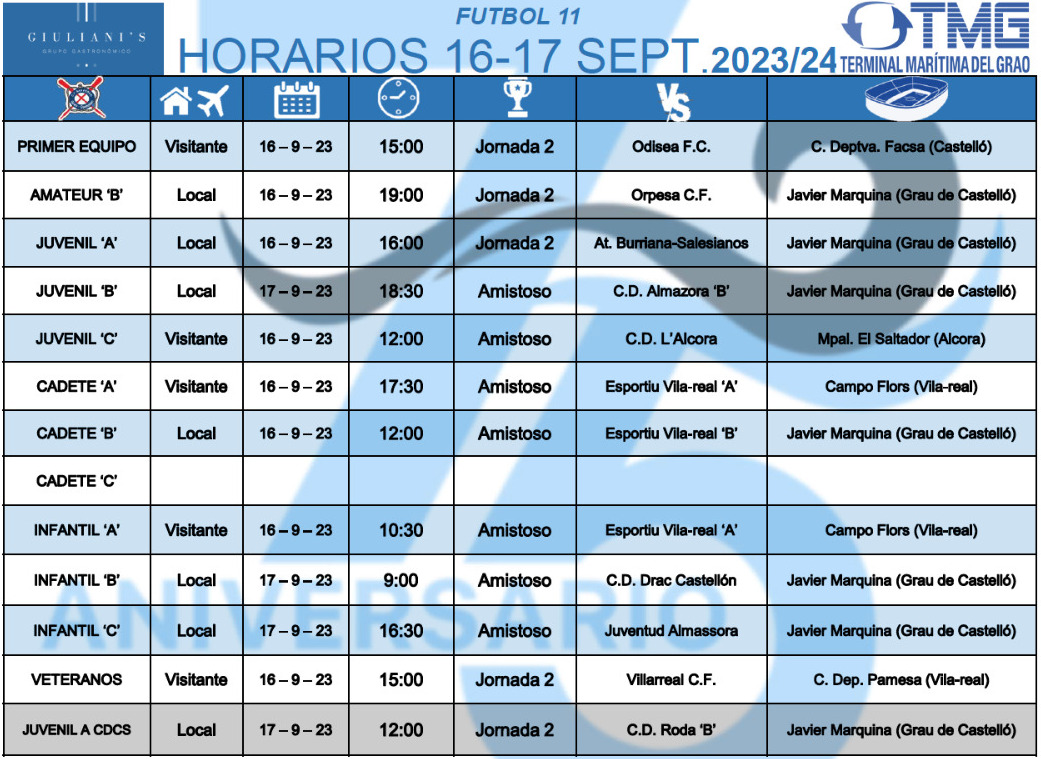 HORARIS. Dissabte 16 i diumenge 17 de setembre de 2023