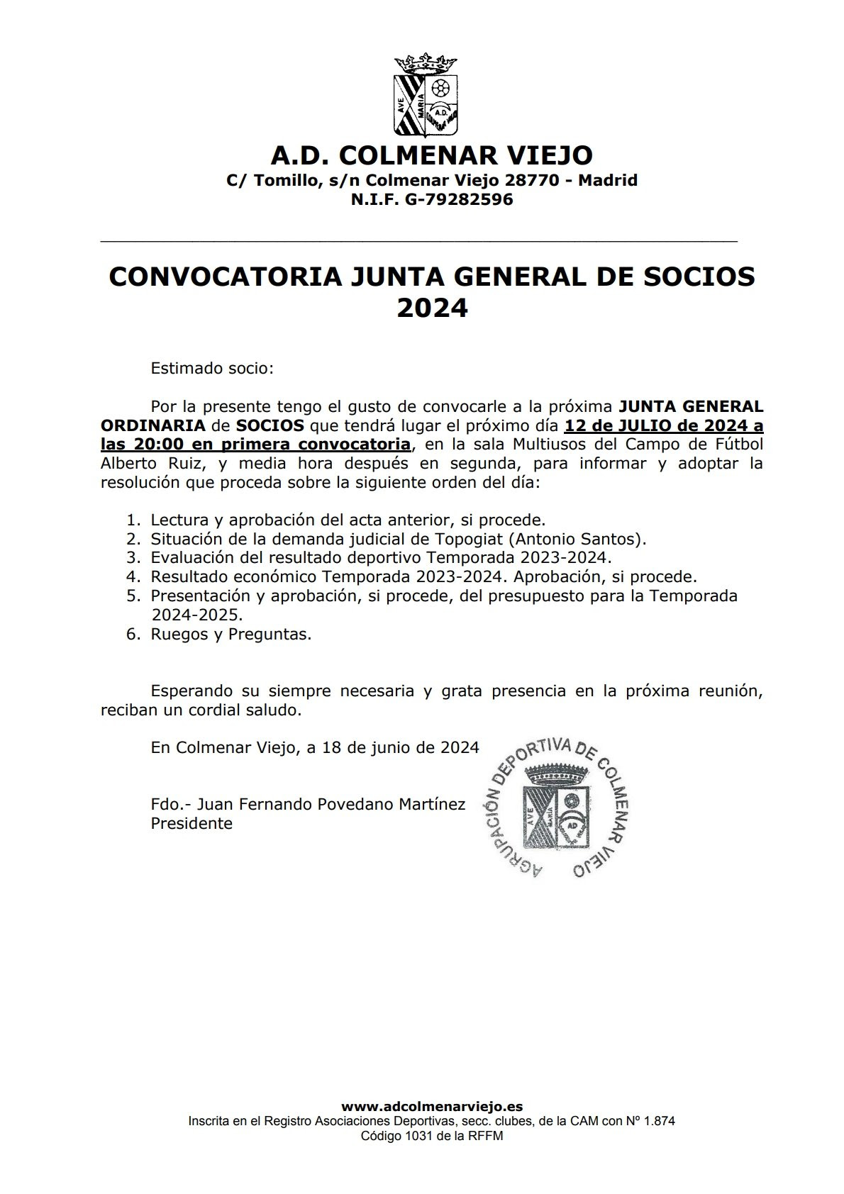 Convocatoria Junta General de Socios 2024