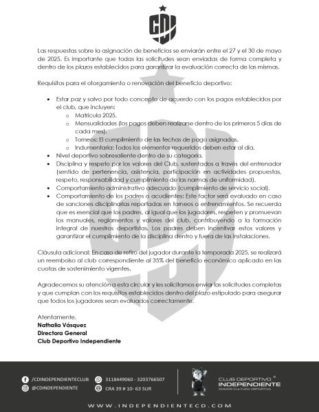 Circular 013 - Otorgamiento y Renovación Beneficio Deportivo