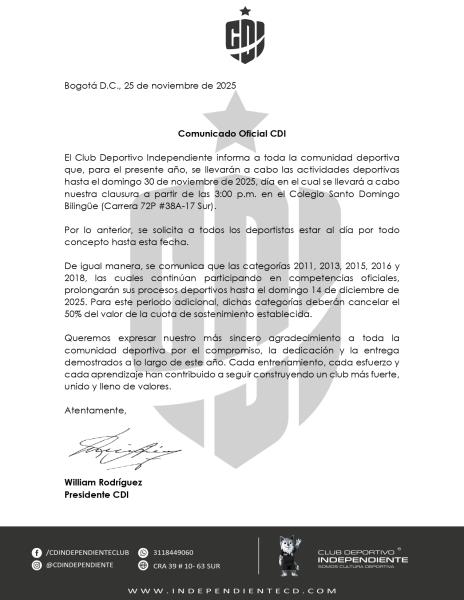 Comunicado Oficial CDI - Cierre Deportivo 