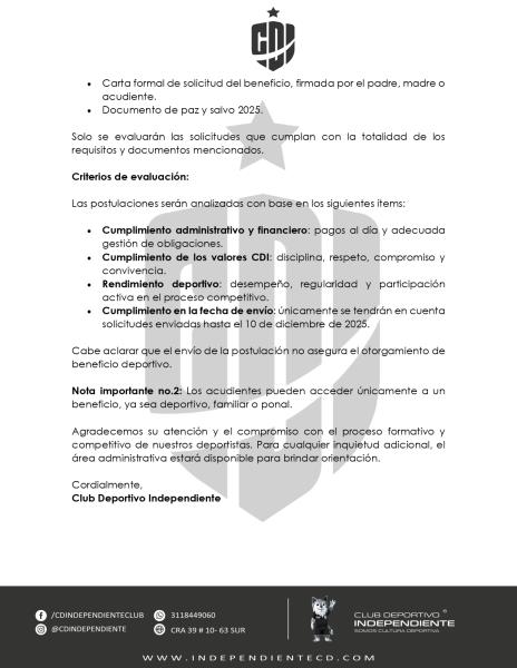 Comunicado Oficial CDI - Beneficio Deportivo