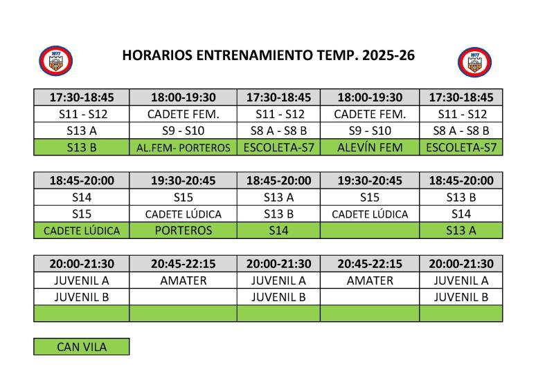 CUADRANTE ENTRENOS TEMPORADA 2025/26