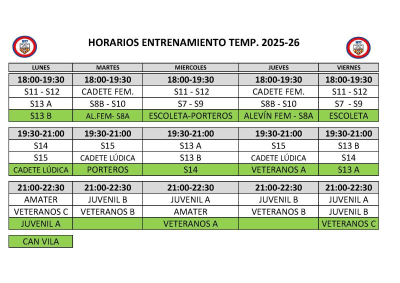 CUADRANTE ENTRENOS TEMPORADA 2025/26