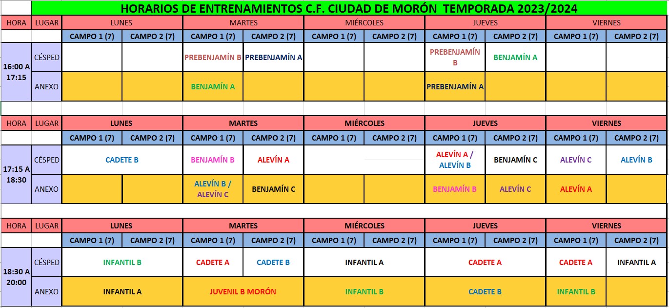 HORARIOS DE ENTRENAMIENTOS DE LA TEMPORADA 2023-2024