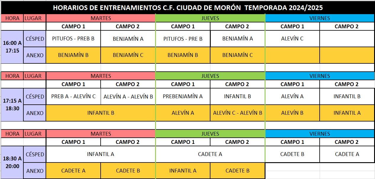 HORARIOS DE ENTRENAMIENTOS DE LA TEMPORADA 2024-2025