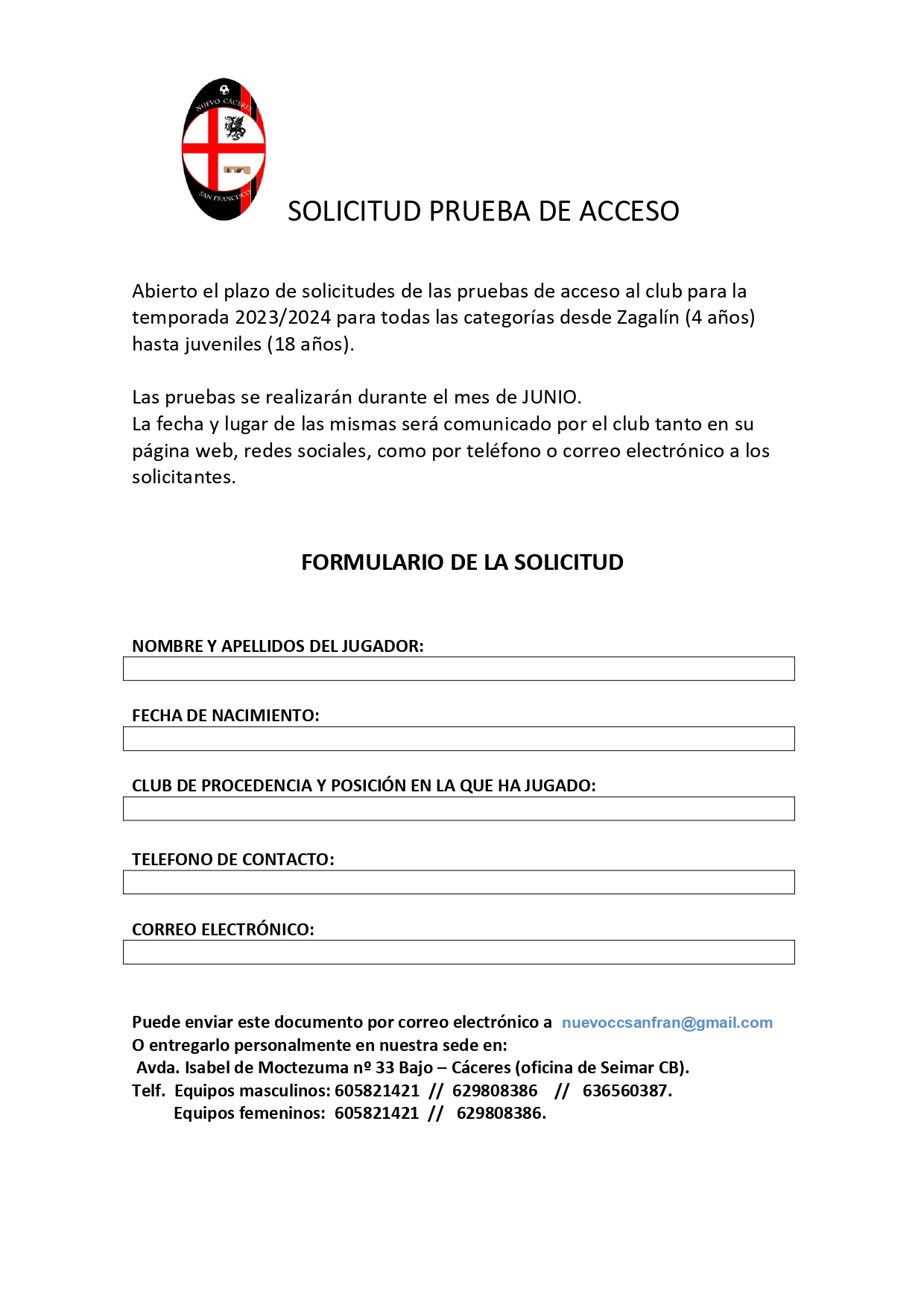 SOLICITUD DE PRUEBA DE ACCESO TEMPORADA 2023/2024