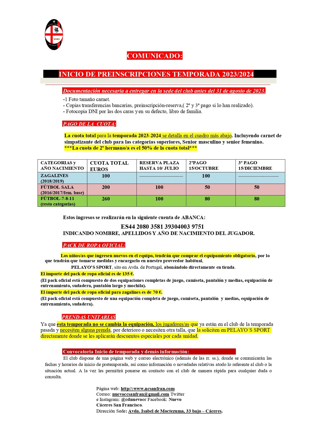 CUOTA PARA LA TEMPORADA 2023-2024