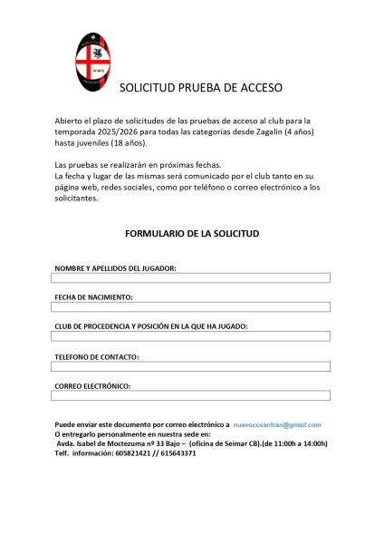 SOLICITUD PRUEBAS DE ACCESO AL CLUB TEMPORADA 2025/2026