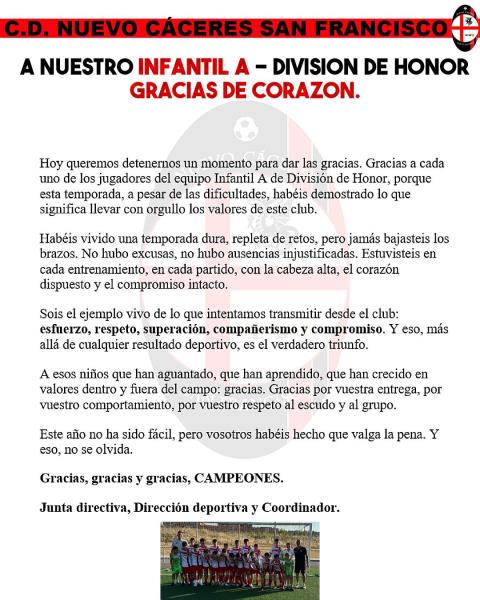 AGRADECIMIENTO A NUESTRO INFANTIL A DIVISIÓN DE HONOR