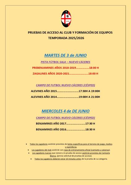 PRUEBAS DE ACCESO ALEVINES, BENJAMINES Y PREBENJAMINES