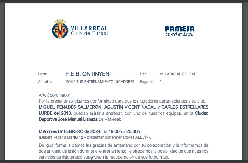 Jugadors de l'Aleví entrenaran hui amb el Villarreal