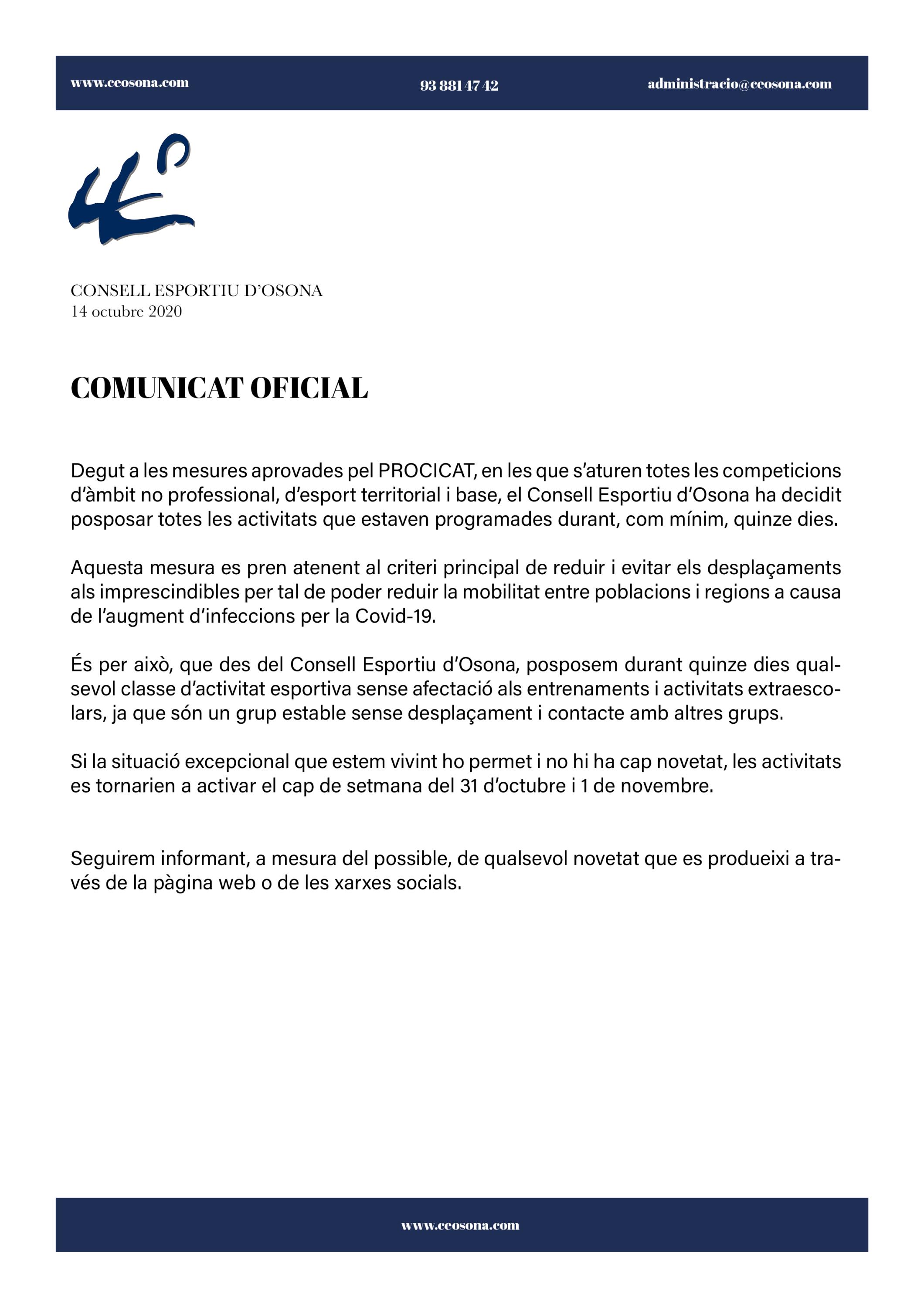COMUNICAT OFICIAL DEL CONSELL ESPORTIU D