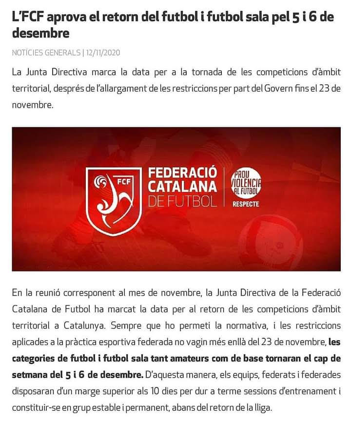 LA FCF APROVA EL RETORN DEL FUTBOL PEL 5 I 6 DE DESEMBRE